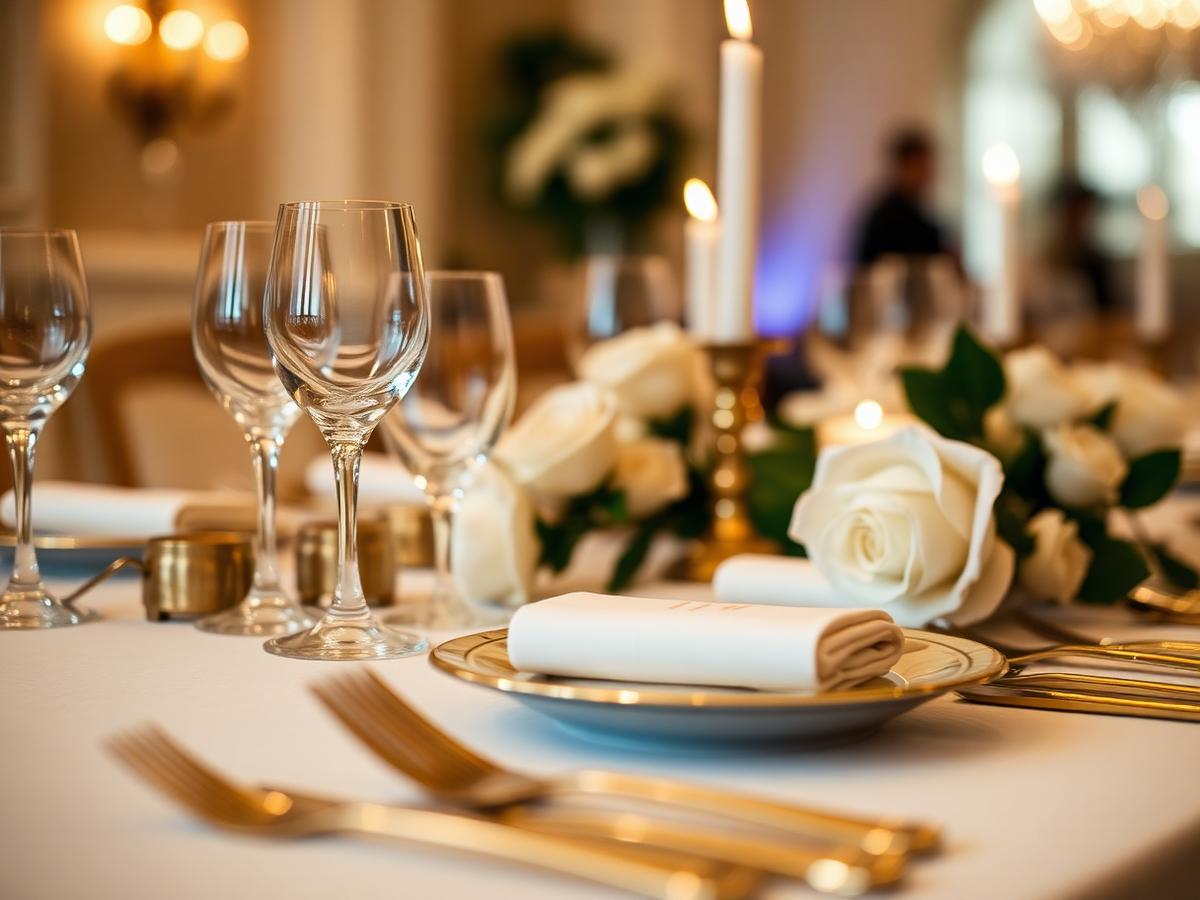 Detalle de mesa con cristalería, velas y rosas blancas