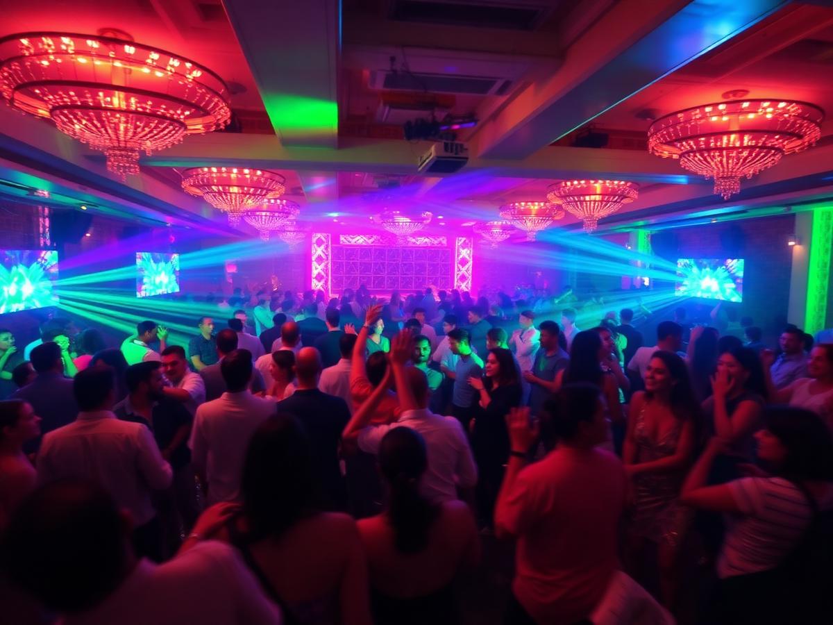 Pista de baile llena de invitados celebrando