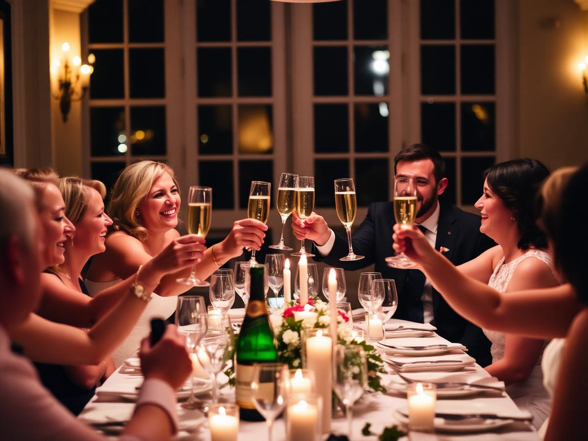 Invitados brindando en una mesa iluminada con velas