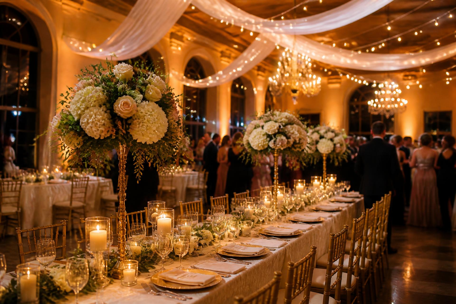 Salón Málaga decorado con mesas, flores y luces cálidas durante una celebración